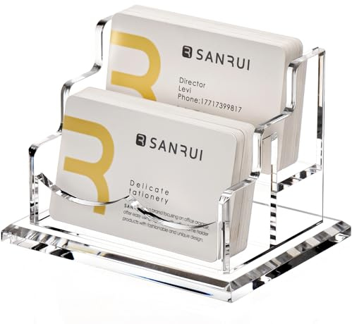 SANRUI 2-Tier Acrylic Business Card Holder for Desk - Clear Double Pocket Display Stand & Organiser - Heavy Duty 8mm Base Name Card Rack for Office, Reception & Exhibitions (Holds 120 Cards)