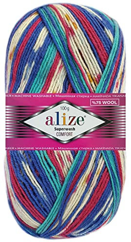 100 Gramm Alize Sockenwolle Superwash Comfort Color Farbig 4fädig 7654 Blau Pink Mix