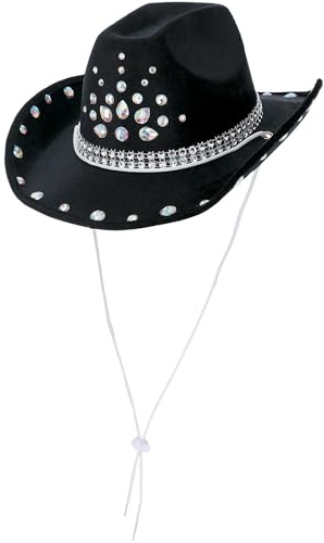 Smiffys Sombrero vaquero con lentejuelas, negro, Lentejuelas plateadas Halloween, Carnaval