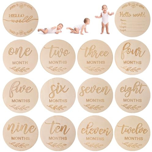 DBREAKS 14 Stück Meilensteinkarten Baby Holz, Baby Meilenstein Scheiben für Foto Requisiten, 12 Monatliche Babykarten, Babyparty, Geschenk für Schwangere, Babys und werdende Eltern (Englische Zahlen)