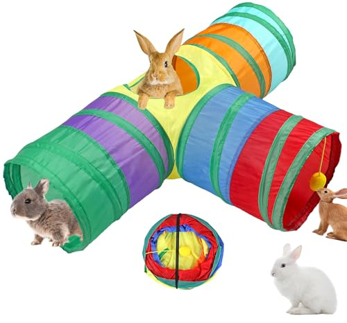 Rabbit Tunnel Collapsible 3 Way Tunnels and Tubes with Interactive Ball Bunny Hideout - Small Animal Activity Tunnel Toys for Dwarf Rabbit, Guinea Pig, Kitty