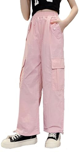 Zaldita Cargobyxor för flickor, långa elastiska midjeband, säckiga byxor med fickor, sportbyxor, träningsbyxor, jazzbyxor, fritid, skola, gata, Ka rosa, 110-116