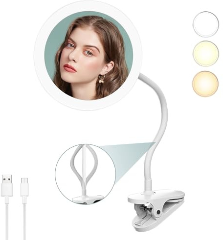 TUSHENGTU, specchio da trucco a clip con ingrandimento 10X, specchio da toeletta a collo d'oca da 16,5 cm con luce, ricaricabile via USB 2000mAh, rotazione a 360°, specchio da trucco a clip con