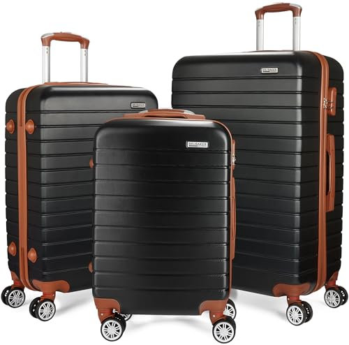BRUBAKER Kofferset Paris - 3 teiliges Hartschalen Koffer Set inklusive Handgepäck - Reisekoffer Trolleys mit Zahlenschloss, 4 Rollen und Komfort Tragegriffen (M, L, XL - Schwarz und Hellbraun)