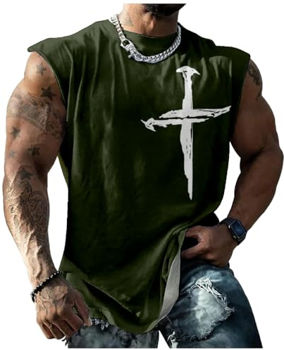 Army Green Tank Tops for Men Christian Religious Cross Graphic Printed Jesus 2024 Shirts Oversized Summer Beach Muscle Gym Cotton Ribbed Quick Dry Breathable Lightweight Undershirts,4XL