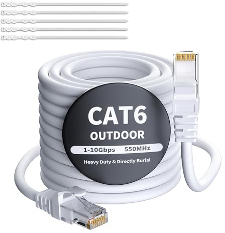 Mygatti CAT 6 Ethernet Kabel 20 Meter-Weiß für Außen&Innenbereich,wasserdicht,direkte Verlegung,Gigabit Netzwerkkabel,UTP,CCA,RJ45-LAN-Patchkabel für POE-Kamera,Router,Modem,Switch+25 Kabelbindern