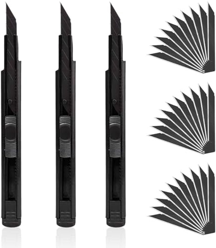3 stycken skärkniv, 9 mm brytblad, 30° infällning, professionell universalkniv, svart, högprecisionskniv för kartong, folier, papper