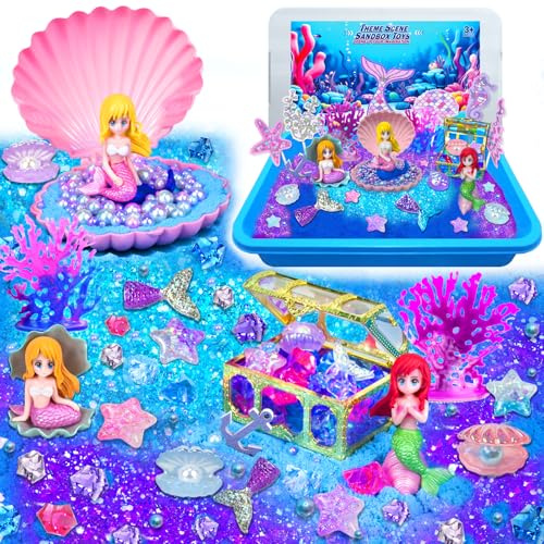 Ynybusi Sensory Bins for Toddlers,Sensory Toys Play Sand Art Kit with Sandbox & Sand Castle Molds & Tools,Indoor Outdoor Beach Toys for Boys and Girls Christmas Birthday Gift (Mermaid Paradise)