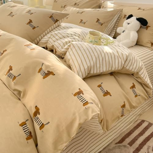 Sedefen Housse de Couette 140 x 200cm Beige Teckel Parure de Lit Teckel Stripes Réversible Housse Couette en Microfibre Chiens Sets de Housse Couette avec Fermeture Éclair et 1 Taie d'oreiller 65x65cm