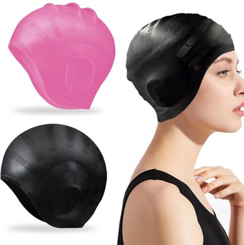 Cuffia da Nuoto per la Protezione delle Orecchie 3D,2 Pezzi Cuffia Nuoto Silicone Impermeabile,Cuffia Piscina Nuoto Silicone per Donne, Uomini, Adulti e Bambini Accessori Nuoto(Nero, Rosa)