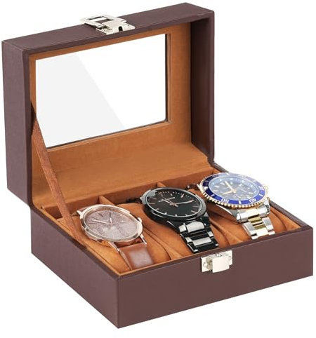 OFFCUP Boîte à Montres à 3 Emplacements, Coffret à Montre en PU, Écrin à Montre avec Couvercle en Verre, Amovibles Coussinets Boîte de Rangement pour Montres Bijoux Femme Homme, Brun