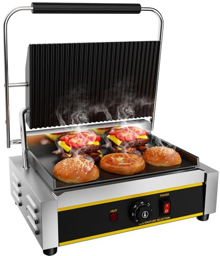 TAIMIKO 2200W Commercial Electric Panini Press Grill, Professional Sandwich Maker With Grooved Contact Grill, Burger Toaster,Ribbed Contact Grill (Single Ribbed)