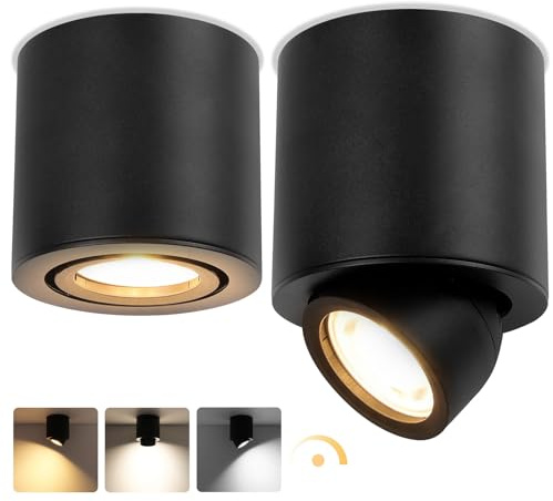 GeyouLux LED Aufbauspot Schwenkbar 350° Ø85x80mm Deckenspots Dimmbar Schwarz Aufbaustrahler inkl. 5W 500LM LED Modul 230V 3000K/4000K/6500K Aufbauleuchte Aufputz Spots Rund 2 Stück