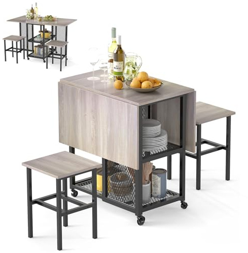GiantexUK 3 PCS Folding Dining Table and Stools Set, Drop Leaf Dining Room Set with 2-Tiers Storage Shelves & 6 Wheels, Space-Saving Kitchen Table and Chairs Set for Home Living Room Pub (Grey+Black)