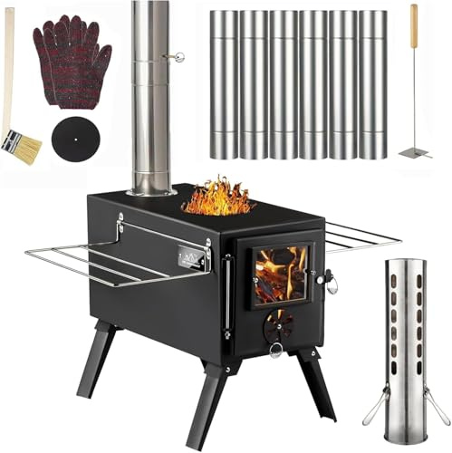 AVOFOREST Tent Stove, Outdoor Portable Camping Wood Stove with Stainless Chimney Pipes and Gloves, Tent Wood Burning Stove for Cooking, Heating, Camping, Tent, Hiking