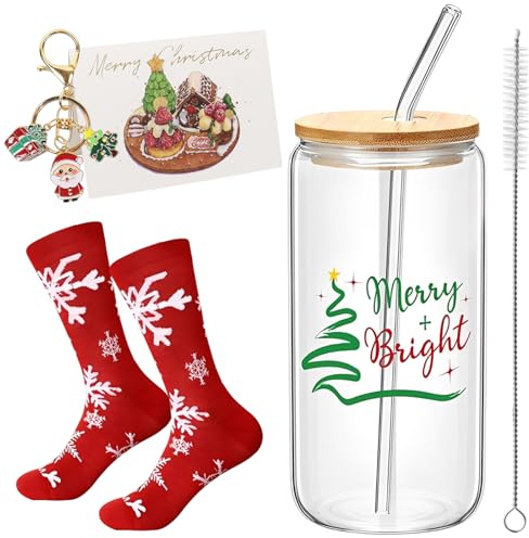 Leonshco Vasos Navidad Cristal con Tapa y Pajita, 6 Piezas Vasos de Navidad de 500 Ml con Cepillo de Limpieza, Tarjeta de Felicitación, Calcetín Navideño, Se Pueden Usar Como Beber, Jugo