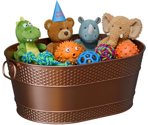 BluPup Indestructible Metal Dog Toy Bin: Copper Pet Toy Storage Basket for Living Room Area, Sturdy Chew Proof Puppy Toy Box with Handle, Large Capacity 25-Quart (1 Pack, Copper, Oval)