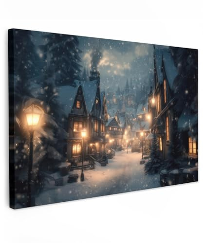 MuchoWow© Stampa Regali Decorazioni Natilizie 120x80 cm Quadro Moderno Quadri Moderni Soggiorno Con Cornice Camera Da Letto Matrimoniale Decorazione Canvas Villaggio invernale - Neve - Buio