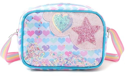 FOSDICK Handtasche Mädchen Kinder Umhängetasche Süße Kindertasche mit Mini Pailletten Tasche Mädchen Prinzessin Kinderhandtasche Kinder Crossbody Bag mit Verstellbare Schultergurt, 20x6x14cm, Blau