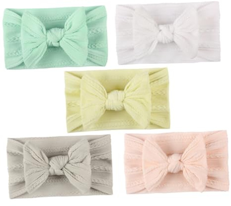 FIXOSHEE 5 pezzi Fasce per Capelli Neonata in Nylon con e Trama Jacquard Cerchietto Bambina Sicuro e Confortevole per Festa e Foto Colori Bianco Beige Rosa Verde Menta Grigio