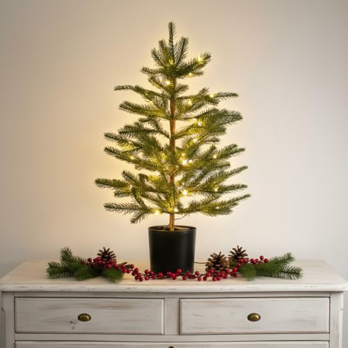 Künstlicher Weihnachtsbaum 60 cm mit Lichterkette batteriebetrieben - 30 LED Kunst Tannenbaum warm weiß beleuchtet mit Timer – Weihnachten Deko Tanne Christbaum mit Beleuchtung für Innen