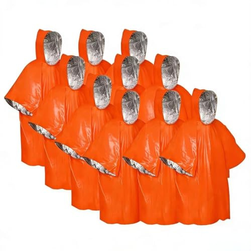 HOMHPLFE Emergency Survival Poncho, Heatshield Emergency Thermal Bag For Hiking, Thermal Mylar Foil Coating Blanket, for Heat Retention and Rain (Orange(10Pcs))