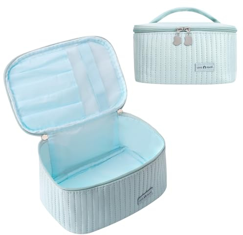 Bestomrogh Make up Bag, Large Capacity Travel Cosmetic Bag with Handle | Portable Toiletry Bag Organizer Waterproof Multifunction Multi Layer Makeup Bag with Divider for Women Girls (Blue)