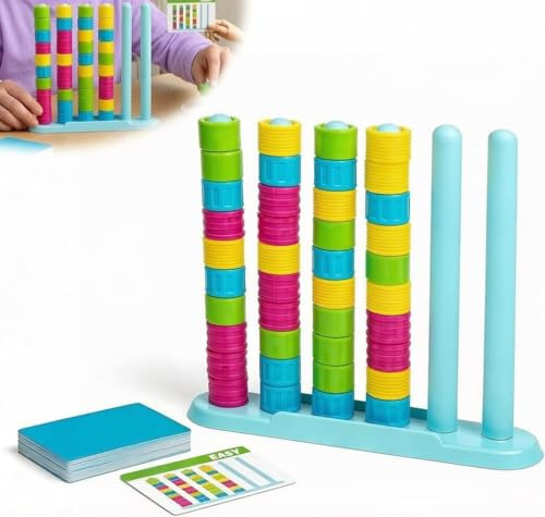 Natwo Colour Stack Challenge Game, Color Matching Stacking Puzzle Game, Color Matching Stacking Puzzle Game with Racks, Rings & Cards for Kids and Adults (1 Set)