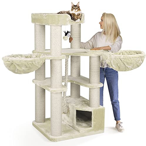 HAPPYPET Kratzbaum für große Katzen 'Oscar' - 161 cm Premium Katzenbaum stabil 47 kg, 12 cm Dicke Stämme für schwere Katzen Maine Coon, 600g Plüsch, geprüftes Holz, Creme