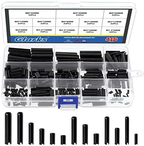 Glarks Juego de 416 pines de rodillo negro M1.5 M2 M2.5 M3 M4 M5 M6 con resorte ranurado, pasador de resorte dividido