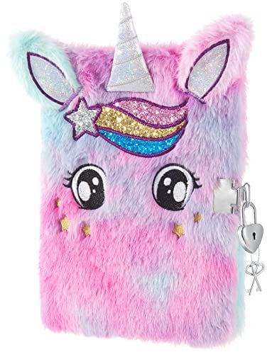 WERNNSAI Einhorn Plüsch Notizbuch – Funkelndes Einhorn Tagebuch für Mädchen Kinder Geschenk Stickerei A5 Geheimes Liniertes Notizbuch Schule Schreiben Zeichnung Notizblock mit Schlösser und Schlüssel