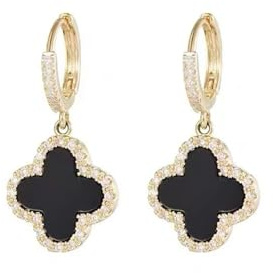GAUEIOUR Orecchini irlandesi a forma di foglia portafortuna con ago in argento con smeraldo nero, semplice e fortunato, regalo per festa irlandese, colore: nero, argento Sterling, Argento sterling