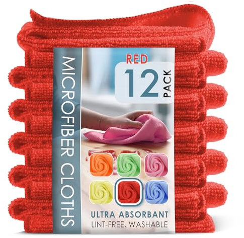 Hearth & Harbor Paño de Limpieza de Microfibra, Toallas de Microfibra para Coches, Paquete de 12 paños de Limpieza, Trapos de Limpieza Rojos, Toalla de Microfibra Reutilizable, Trapos de Microfibra