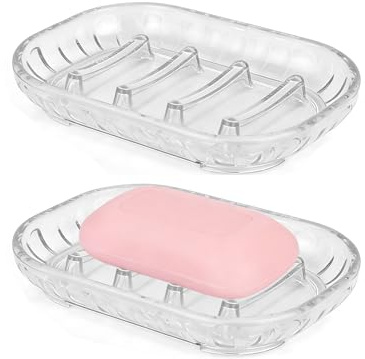AMUONTY 2-Pack Soap Dish Holder for Bar Soap, Bathroom Soap Dishes Soap Holder, Soap Saver Dry Stop Mushy Soap Tray for Shower Bathroom, Kitchen Sink,Clear