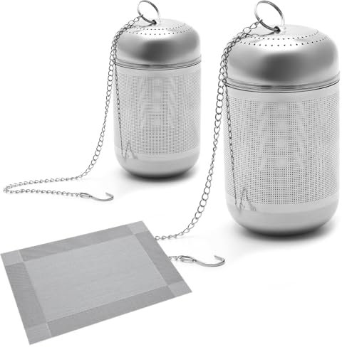 Lot de 2 Filtres à Thé Inox Théière et Tapis de Tasse, Passoire à Thé Argenté avec Chaîne, Boule à Thé Grande Taille pour Infusion de Thé, Épices, Herbes