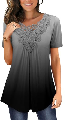Magritta Women Shirts Ladies Summer Tunic Tops Short Sleeve Lace Crew Neck Blouse Fashion Loose Vintage Work Casual Swing Tops Grey Gradual Large