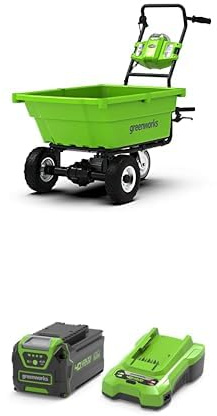 40V Akku-Gartenwagen Greenworks selbstfahrend G40GC, 100 kg Tragkraft 106 L, komfortable Kippfunktion, 3 Jahre Garantie mit 40V 4Ah Lithium-Ionen Akku + 2A Universal Ladegerät Kit - GSK40B4