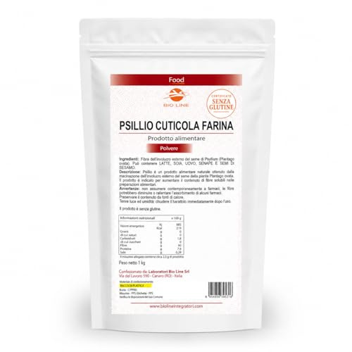Laboratori Bio Line - Psillio Polvere Sostanza Pura Senza Eccipienti, Farina di Psillio Senza Glutine, Cuticola di Psillio in Polvere Integratore Fibre Naturali Solubili, Psyllium Fibra (1 KG)