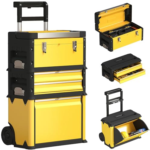 HOMCOM 3-in-1 Rolling Tool Box, Stackable, Modular Powder Coated Steel Toolbox with Tray, Handles, Latches, Wheels, Heavy Duty Tool Storage System for Workshop, Garage, 520mm x 320mm x 720mm, Yellow