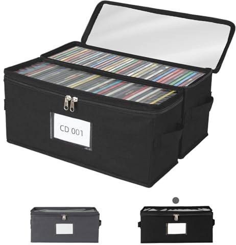 ComfortKeeper 2 Pack Fabric CD Storage Box with Clear PVC Lid, Holds 35 Standard CD Cases, Zipper Closure for Dust Protection, Portable CD Organizer for Music Collection, Black