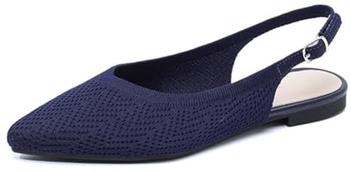 BANGTEUO Slingback Flats for Women Pointed Toe Knit Ballet Flats Comfortable Breathable Adjustable Ankle Buckle Dressy Flats for Party Prom Dance (Blue,11)