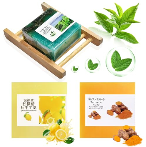 3 Pcs Mens Natural Soap Bar Set,Handmade Exfoliating Soap，Refreshing, Moisturizing, Exfoliating Face Wash,Body and Shower（Tea tree, turmeric, lemon）