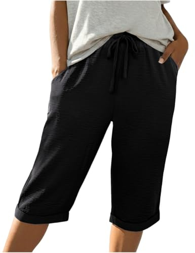 IWOLLENCE Ladies Shorts Knee Length Long Capri Womens Summer Drawstring Casual Pants with Pockets Fixed Cuffed Hem Elastic Waistband