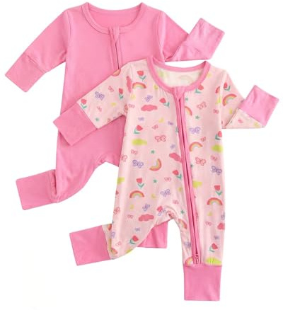 JiAmy Babypyjamas av bambufiber, 2-pack, unisex sparkbyxor 0–24 månader med 2-vägs dragkedja, vikbara vantar och fötter, andas och är lätt