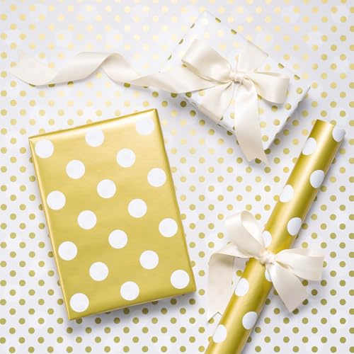 RUSPEPA Mini vändbart giftpapper rulle med guldfolie – stora och små vita och guldprickar – elegant – för födelsedagar, bröllop, babyshower, fester – 43,2 cm x 5 m