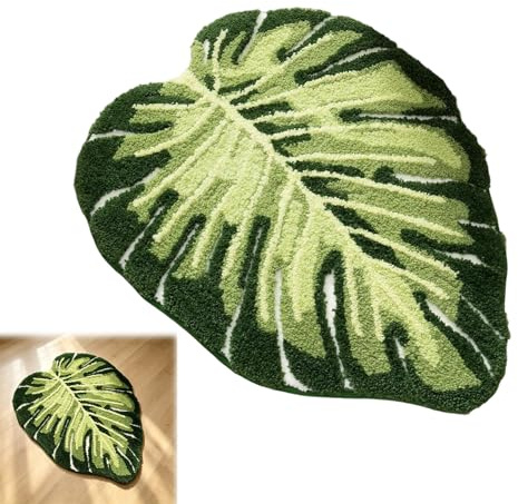 Qnbonrich Badmatta, färgrik, grön Monstera-matta, färgrik för badrum, tvättbar, antiskid, duschmatta, tropisk växtform, golvmatta, toalettmatta, badmatta (50 x 80 cm)