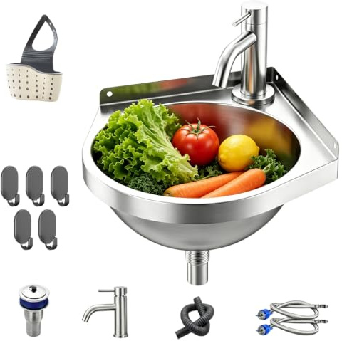 Fregadero de esquina de acero inoxidable con grifo frío/caliente, lavabo de cocina que ahorra espacio, lavabo triangular montado en la pared, mini fregadero de esquina, lavabo de un solo tazón para