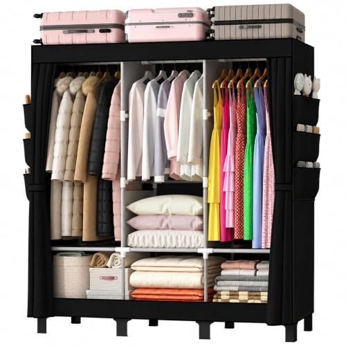 YasTant Canvas Wardrobe for Bedroom Fabric Wardrobe with 3 Hanging Rails, Portable Temporary Stable Base172 * 130 * 45cm (Black, 3 Columns(W 130cm))