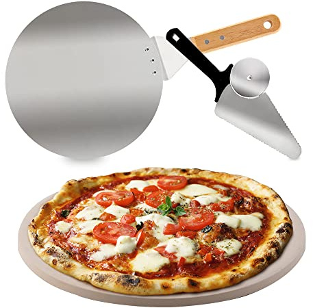 Nuwave Brick Oven-Style 3pc Pizza Kit,11.5” Cordierite Pizza Stone,10 SS Pizza Peel, SS Pizza Cutter/Server, For Indoor Electric Ovens, Outdoor Gas, Wood Fire Grills, BBQ Grilling, NuWave Bravo XL