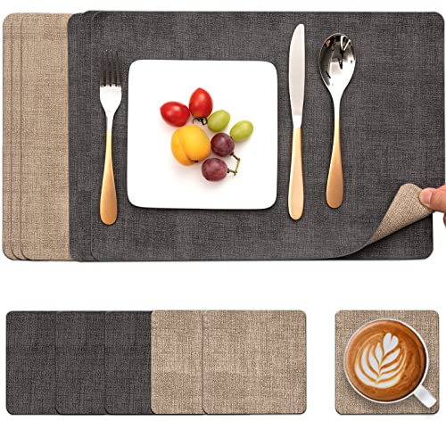 Myir JUN Tischsets Abwaschbar Leder und Untersetzer, Doppelseitigen Platzset 6er Set rutschfest Platzdeckchen Kunstleder (Grau Beige)